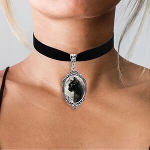 {NEW} Black Velvet Choker Necklace with Silver Cat Pendant